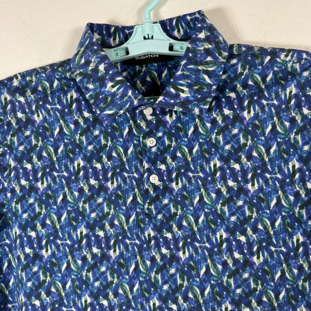 Bugatchi Polo Shirt Mens Medium Blue Short Sleeve Cotton Stretch Floral